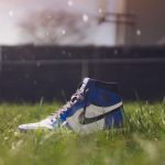 nike blue sneaker sits vibrant green grass capturing sunny outdoor scene